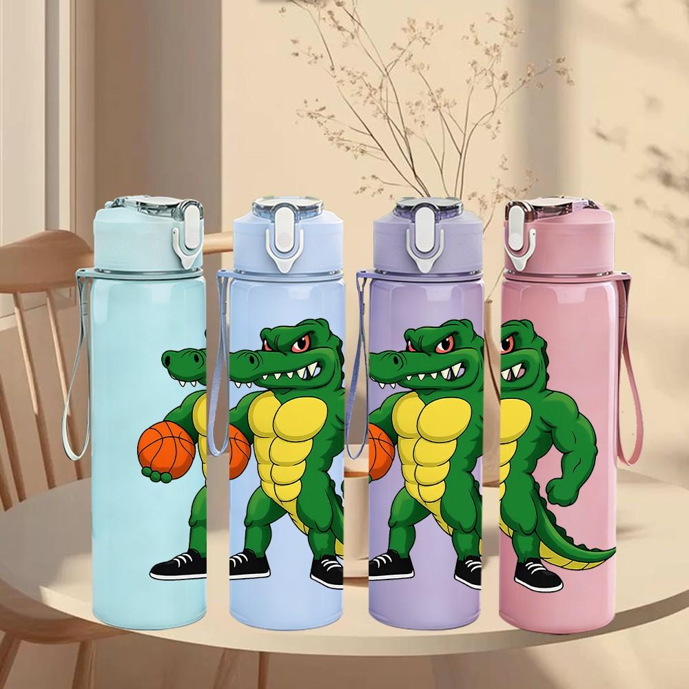 1PC Basketball Playing Dinosaur Pattern 750ml Color Plastic Sports Water Bottle Leakproof Flip Straw Lid Suitable for Sports Office Home Use
