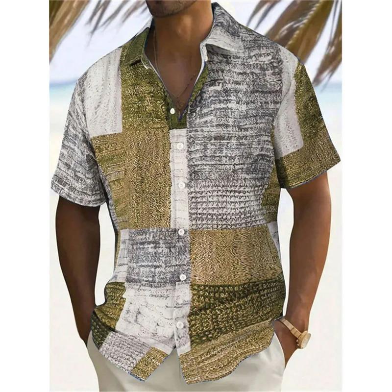 

Men s short-sleeved lapel button-down shirt with 3D color block print, high-quality casual top, plus size 5XL Hawaiian shirt XL