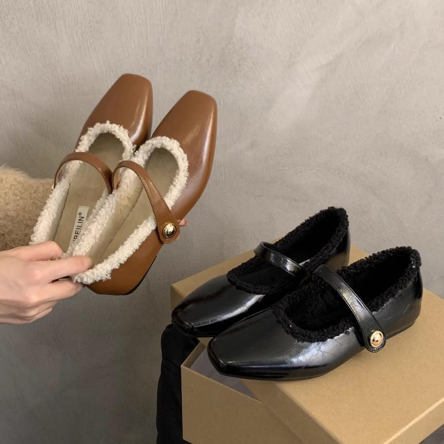 Flat autumn and winter plush cotton shoes single shoes women's shoes new square head black Mary Jane evening shoes