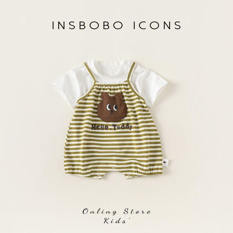 Insbobo Boys  Summer Clothing 2026 New Set Children s Striped Overalls Two-Piece Set Baby Outfit Summer White+Green Strip 100