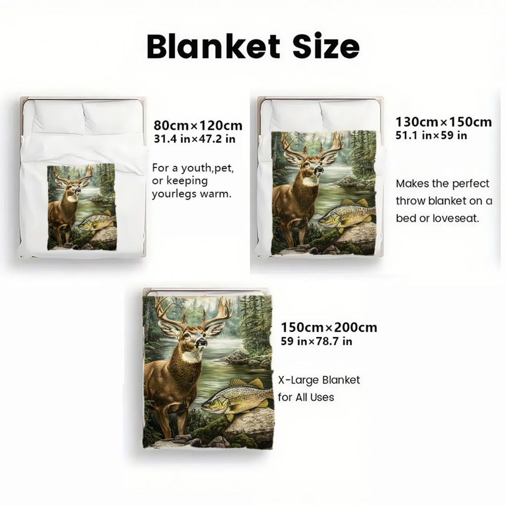 1 Stück Hirsch und Fisch Waldszene Fleece-Decke Flanell-Überwurf Natur Tierwelt Kunst Bettdecke Outdoor-Liebhaber Heimdeko Geschenk