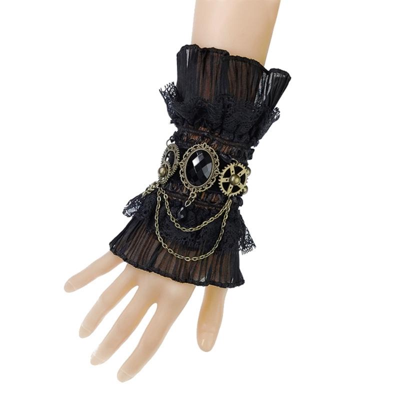 

Victorian Steampunk Wrist Cuffs Fake Sleeve Gear Chain Crystals Bracelet Fingerless Lace Gloves Wristband for Women 1