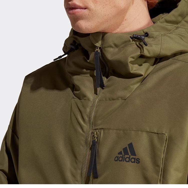 Adidas Sports Lifestyle Series Enkel Hettejakke med Glidelås og Lommer Varm Parka Nedfelt Skulder Langermet Dunjakke Herre yttertøy Mørk Oliven Grønn HK6664