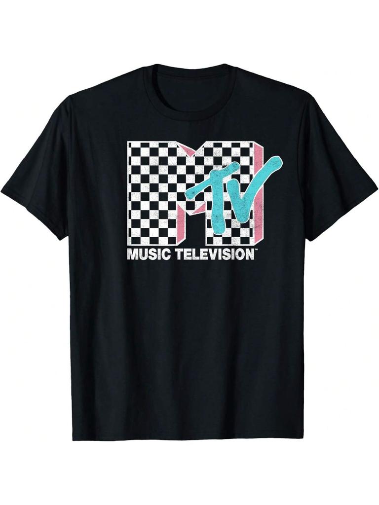 MTV Neon Distressed Checkered Logo Graphic T-Shirt T-Shirt