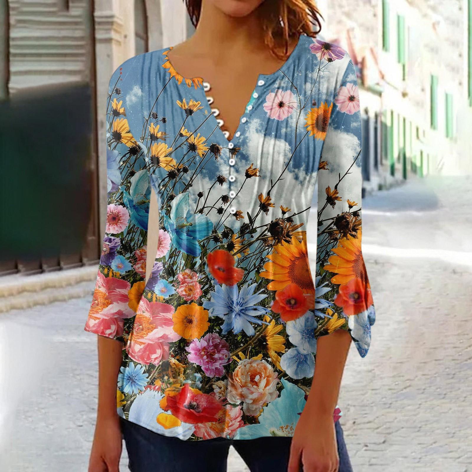 

Рубашки с рукавами 3/4 лепестка для женщин, футболки, блузки, повседневные базовые топы, пуловер со складками и пуговицами с принтом XXXL небесно-голубой