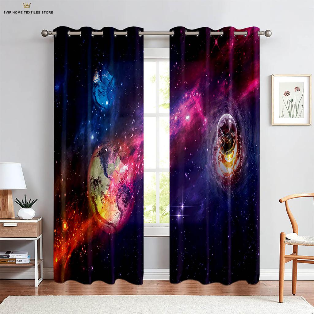 Dreamy Starry Sky Galaxy 3D Printed Curtains, Blackout, Heat Insulation, Living Room, Study, Bedroom, Home Decoration, 2 Pcs