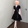Women's Elegant Black Polka Dot Lace-up V-neck Dress - Summer 2026 Waist-cinching Slimming Short Skirt