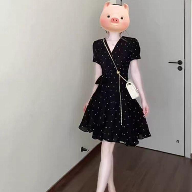 Women's Elegant Black Polka Dot Lace-up V-neck Dress - Summer 2026 Waist-cinching Slimming Short Skirt