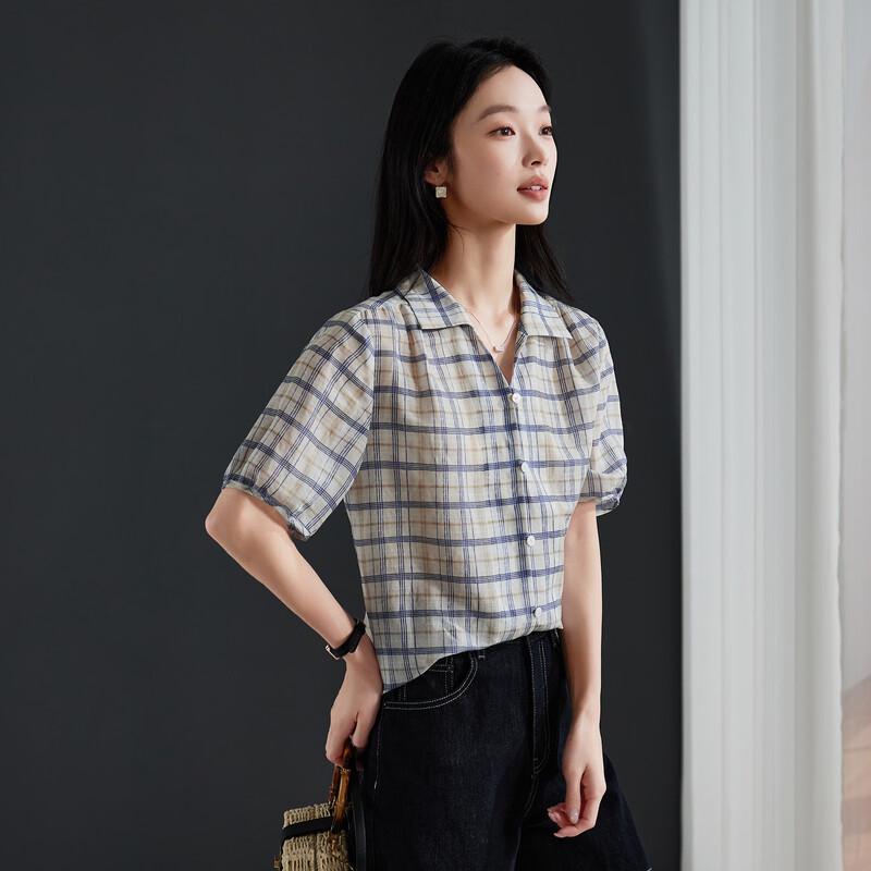 SOFSIL Women s Retro Plaid Short Sleeve Button-Up Shirt M