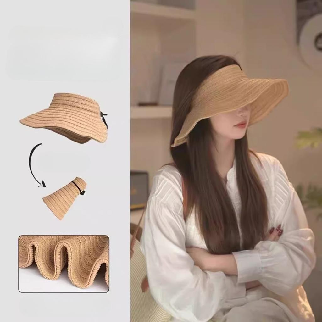 Big eaves sunscreen empty top hat children beach seaside full face sunshade vacation foldable straw hat