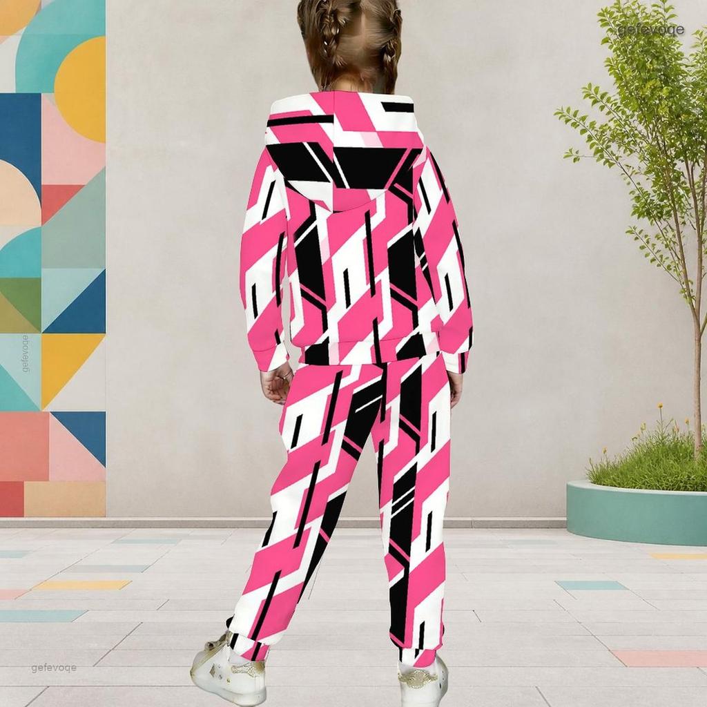 Girls Colorful Geometric Printed Hooded Long Sleeve Two Piece Pants Set Kangaroo Pocket Cuffed Pants