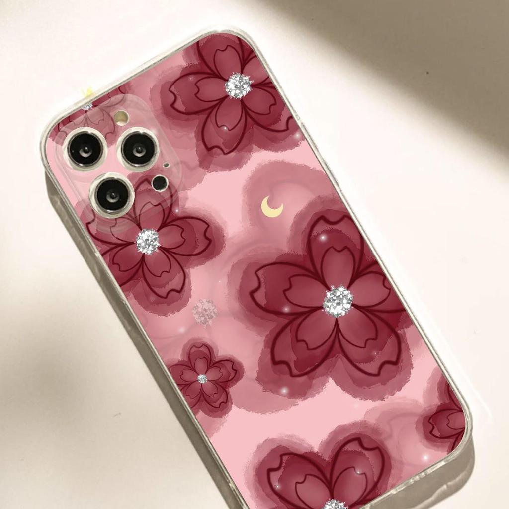 Red Bean Flower Anti-Fall Transparent Case for iPhone 14/15/16/17 Pro Max Series