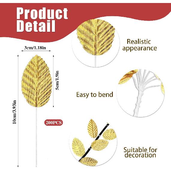200 Piece Golden Artificial Leaves Gold Leaves with Stems Silk Leaf Crafts Leaves Faux Wired Single Leaf for Flower Bouquet Wreaths DIY Wedding Party