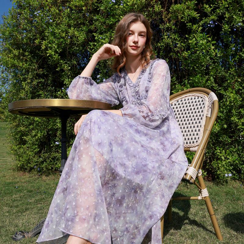 Women's Ruffle V-Neck Floral A-Line Long Dress