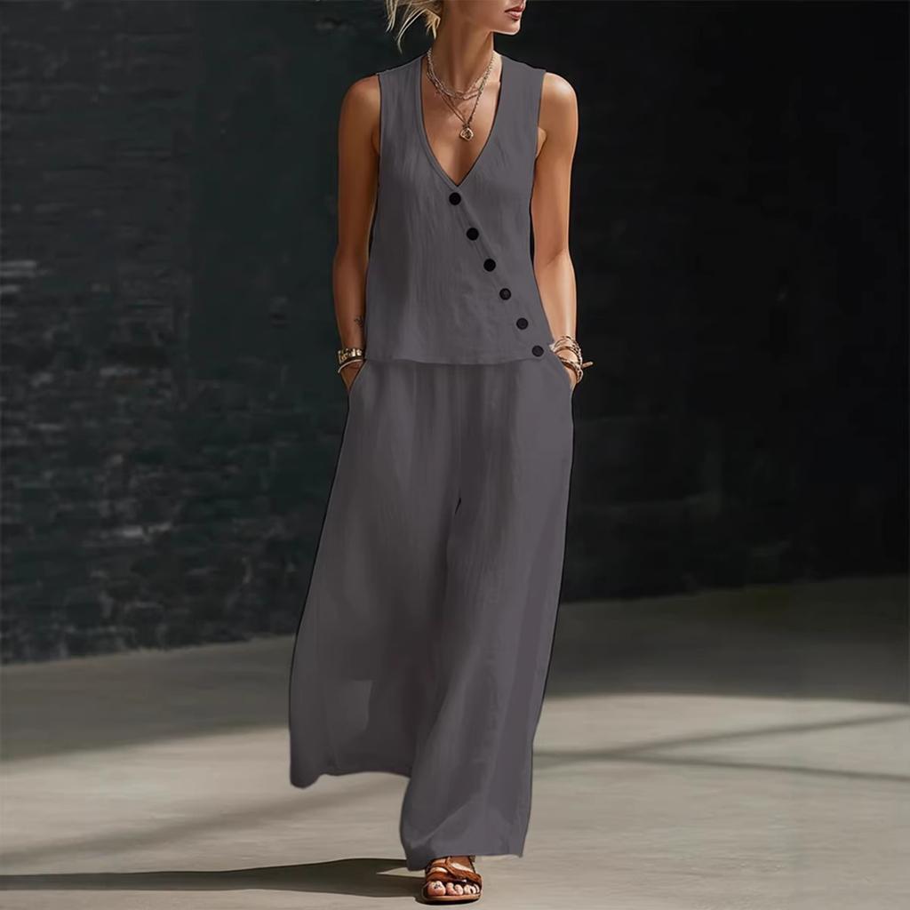 Women's Fashion Color Sleeveless V-neck Button Top With Elastic Waist Pocket Wide Leg Casual Pants Two Piece Set