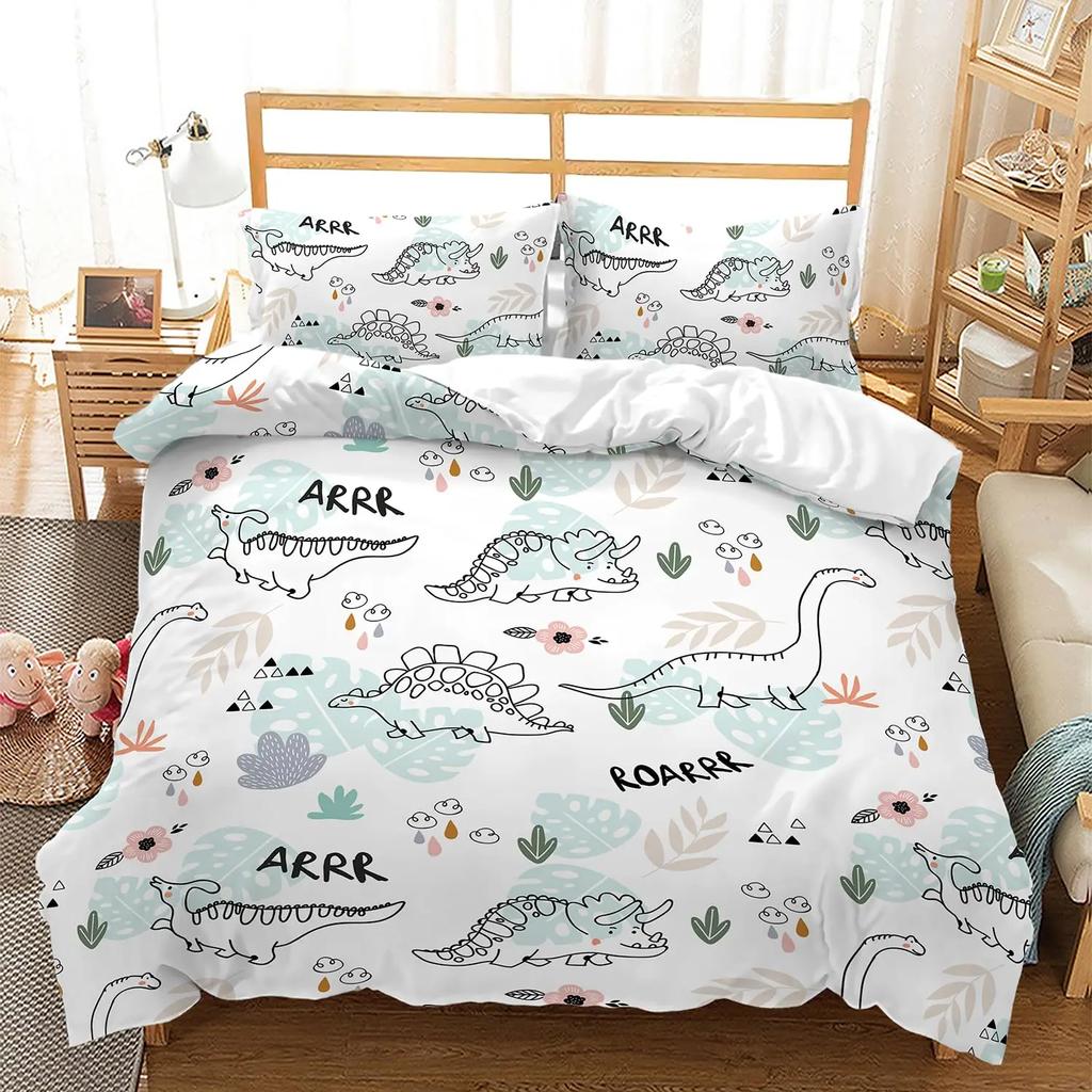Kawaii Dinosaur Duvet Cover Queen Size For Kids, Cute Colorful Cartoon Soft Comforter Covers With Zipper Closure Bedroom Bedding