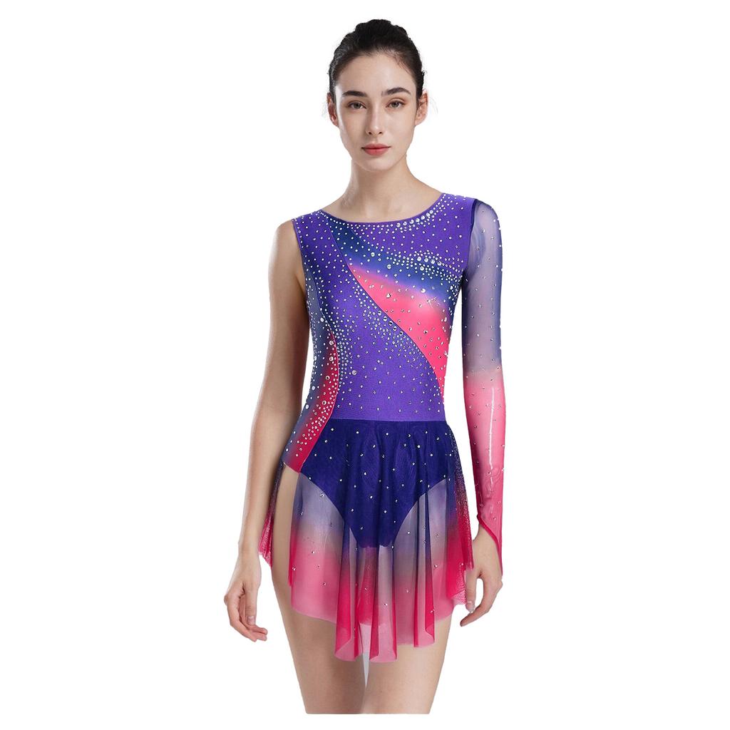 Damen Gradient Leotard Kleid Langarm Ärmellos Strasssteine Unregelmäßiger Netzsaum Eiskunstlauf Ballett Body