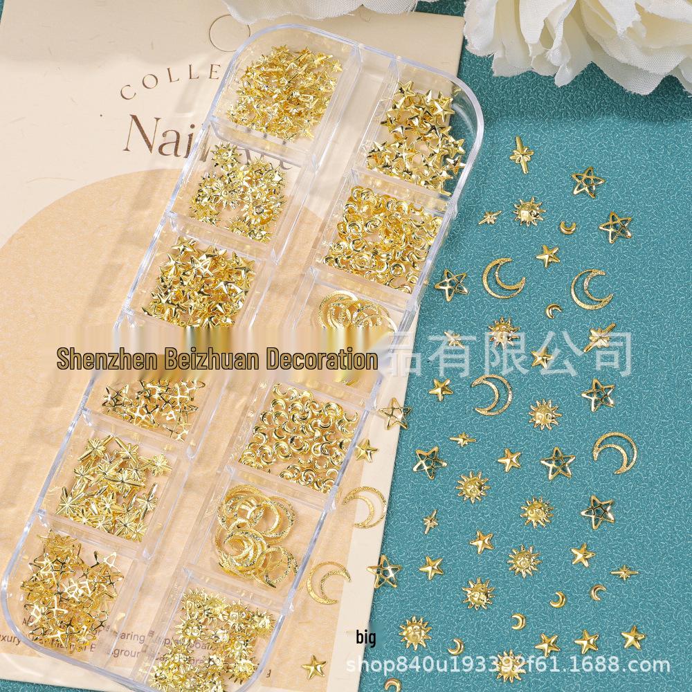 Japanese Hexagram Nail Art: Metal Flakes, Rivets, Stars, Moon Decorations.