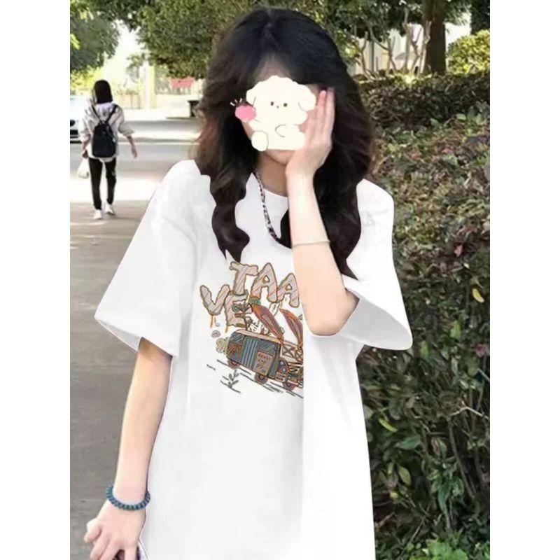 Purple Dopamine Cartoon Print Short-Sleeved T-Shirt 150kg Plus Size Women's Clothing 2026 Summer 100kg Pure Cotton Top