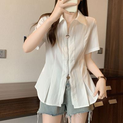 Kurzärmliges französisches Sommerhemd für Damen mit doppeltem Schulterreißverschluss und einzigartigem Chiffon-Oberteil mit Taillenbetonung