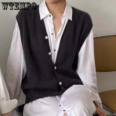 Knit Vest Short Cardigan Single Breasted Buckle Women's Sleeveless Coat Layered Outwear Loose Casual Office Lady Spring Fall