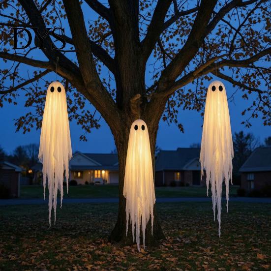 Kit Fantôme Lumineux pour la Maison 3 Pièces Grands Fantômes Suspendus Lumineux Décoration d'Halloween, 1.2M + 1.5M Extérieur Intérieur Jardin Scènes de Fête Volants Effrayants avec