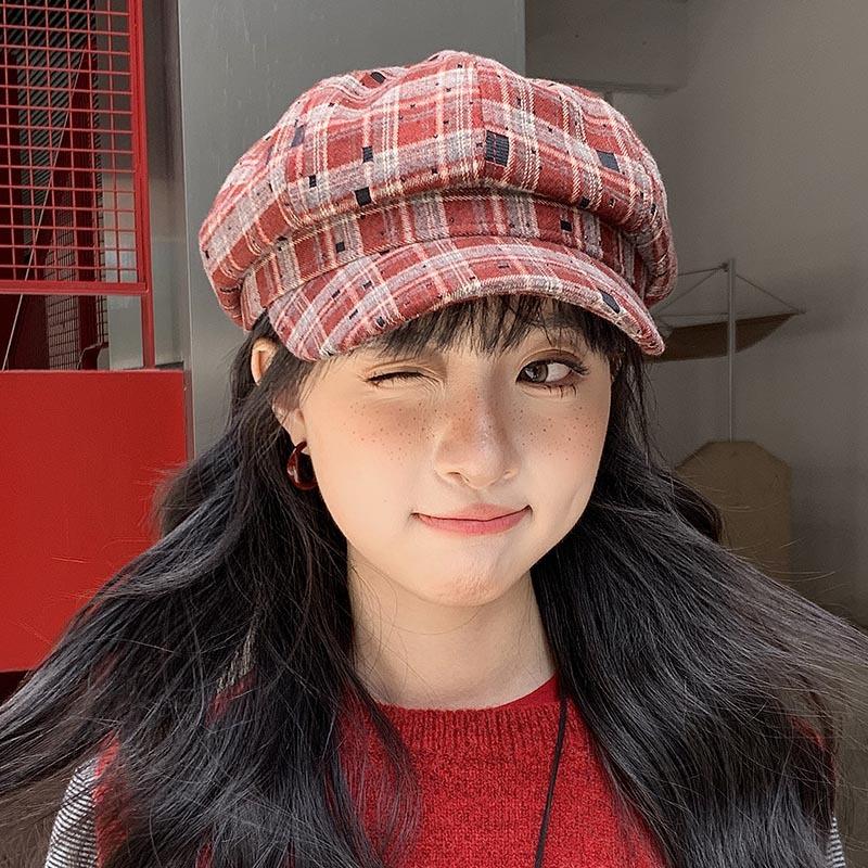

Vintage Plaid Winter Octagonal Hat Women, Spring and Autumn Face-Shaping Artist Hat, Elegant Versatile Beret Female New M