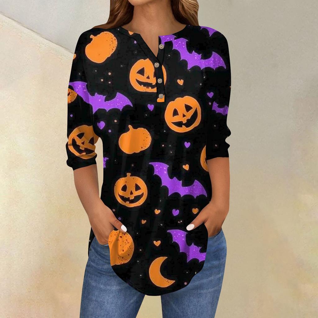 Women's Fashion Loose Button Collar Halloween Print Long Sleeve T-Shirt Top Pullover