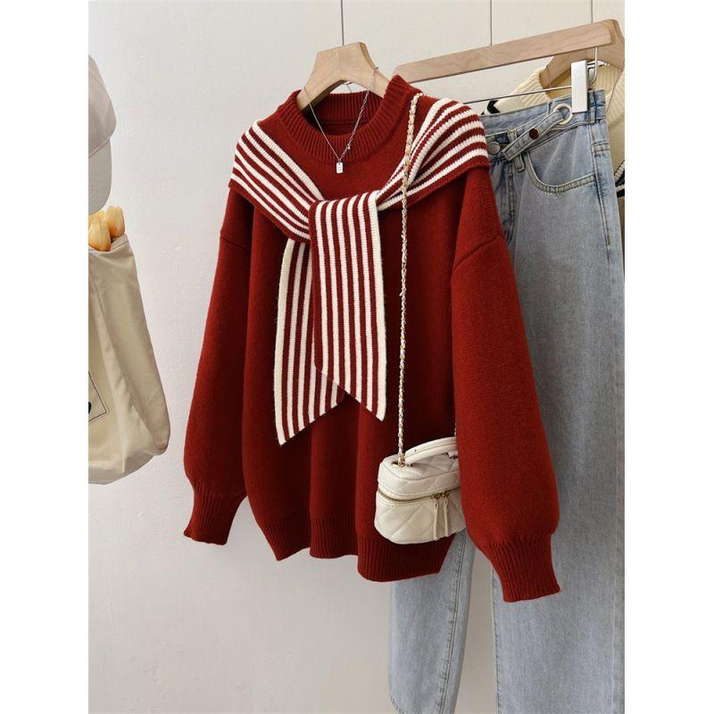 Stylish Women's Purple Striped Shawl Sweater - Plus Size Knitted Fake Two-Piece, Winter 2025