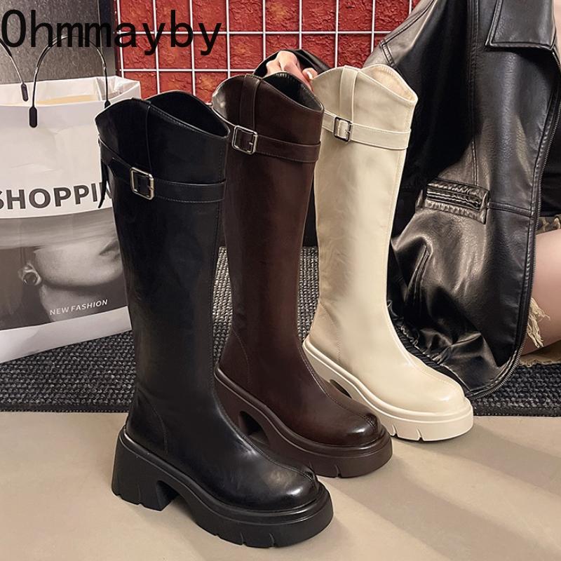 Winter Height Increase Knight High Women Boots Platform Thick Heels Shoes Female Belt Buckle Long Booties  De Muje