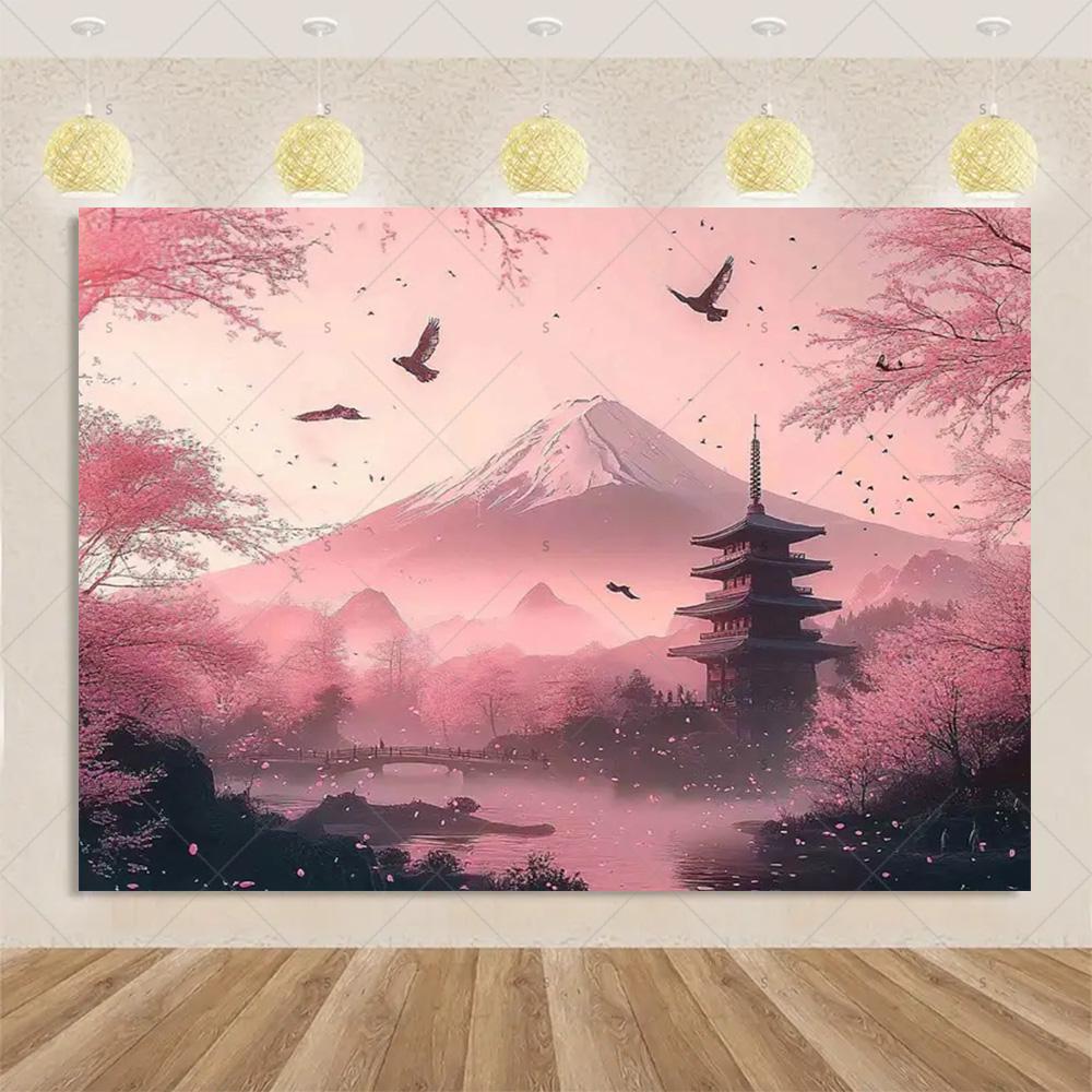 Pink Sakura Background Japanese Mount Fuji Temple Backdrop Party Decoration Window Cherry Blossom Photography Props Photo Studio 120X90CM
