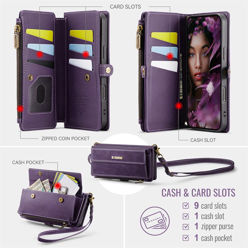 CaseMe Flip Leather Phone Case for iPhone 17 Pro Max Air 16 Plus 16E 15 14 13 Mini 12 11 X XS XR SE 2022 8 Long Lanyard Zipper Wallet Multi Card Cover