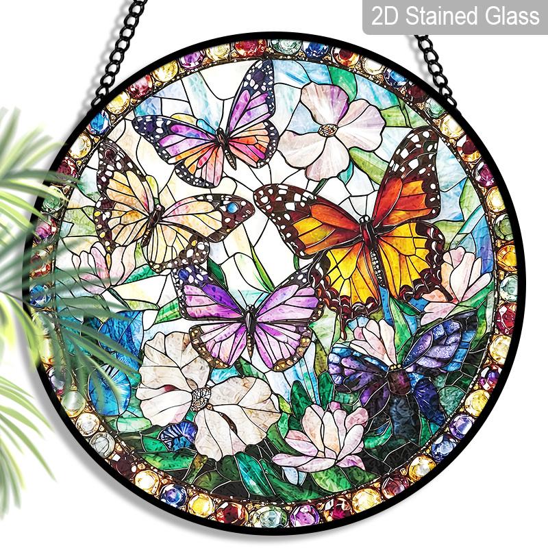 

2D Flat, 1pc Butterflies & Flowers Round 7.87in Glass Suncatcher, Colorful Butterflies & Flowers Print Window Hanging Ornament, Vibrant Nature Home 7.87inch