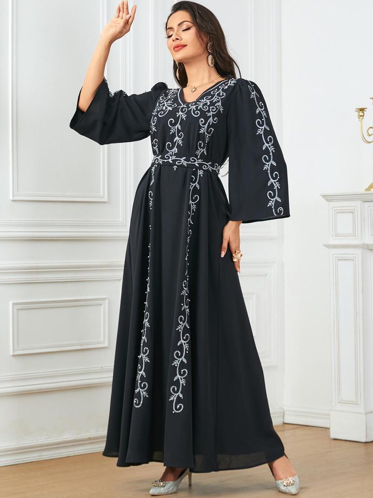 Women's V-Neck Embroidered Beaded Long Dress - Elegant Muslim Robe
