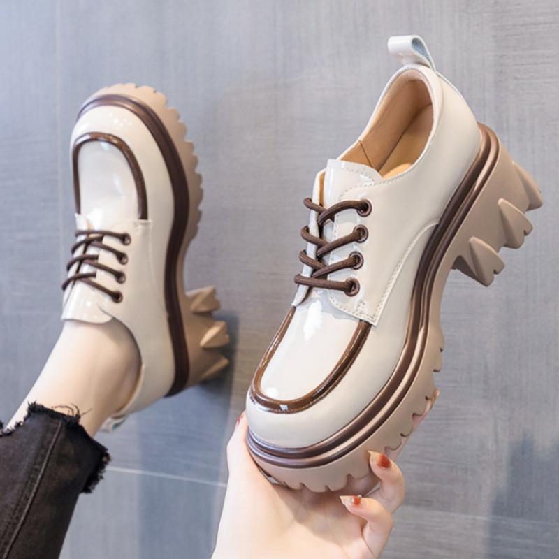 [Stylish Loafers] Stylish Chunky Heel Loafers - Women's White with Brown Accents, Thick Sole, Lace-Up Design, All-Season Comfort Shoes,Casual Footwear