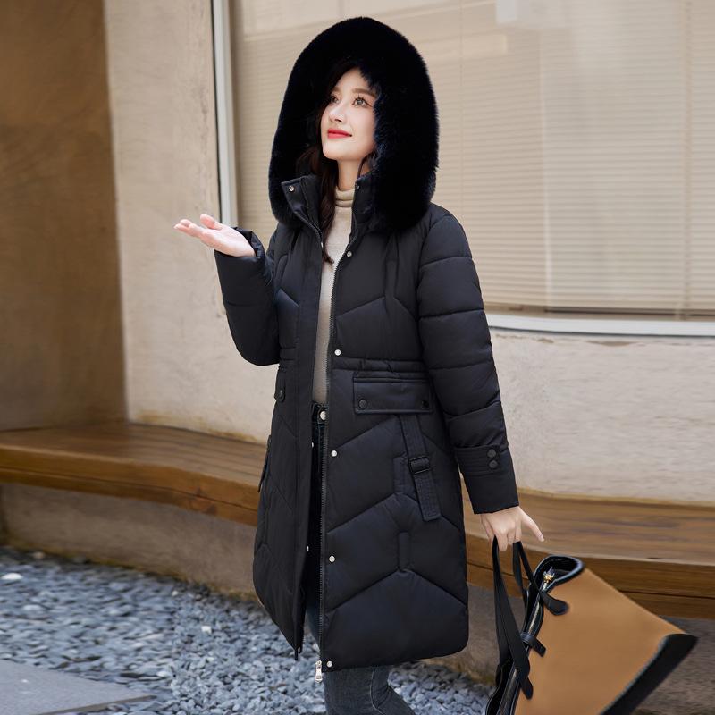 Damen mittellange und lange Baumwollkleidung mit Pelzkragen schlankes Temperament Winter neue Daunen-Baumwollpolsterkleidung warme Damenjacke