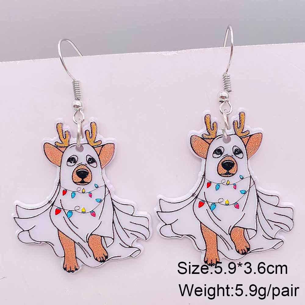 

Festive Ghost Dog Acrylic Earrings with Fairy Lights and Christmas Hat - Perfect Holiday Gift for Women
