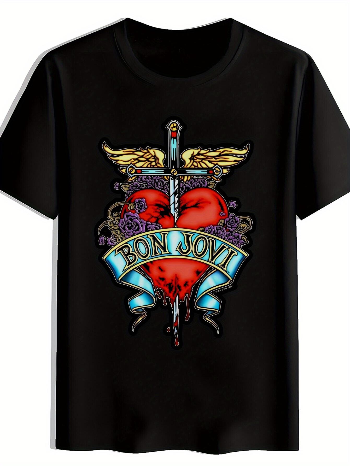 T-shirt Black with Red Heart & Sword Design - BON JOVI Print XS