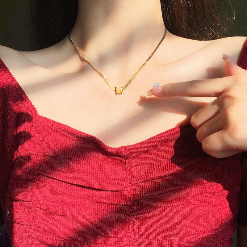 

Stainless Steel Fashion Flat Snake Bkade Chain Butterfly Tassel Pendant Necklace For Women Jewelry Accessories