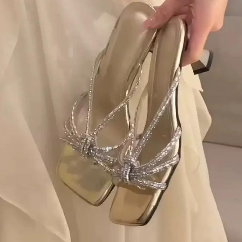 Summer New Style Mid-heel Shoes Women's Square Head Shallow Mouth Crystal Fine Strap Set Foot Slip-resistant Wear Slippers