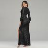 New Celebrity Party Quality Long Sexy High Split Long Sleeve Sequined Banquet Evening Dress