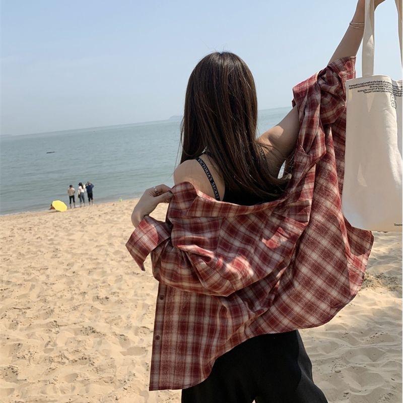 2025 Women's Retro Blue Plaid Shirt Jacket - Loose Fit, Long Sleeve for Spring & Autumn