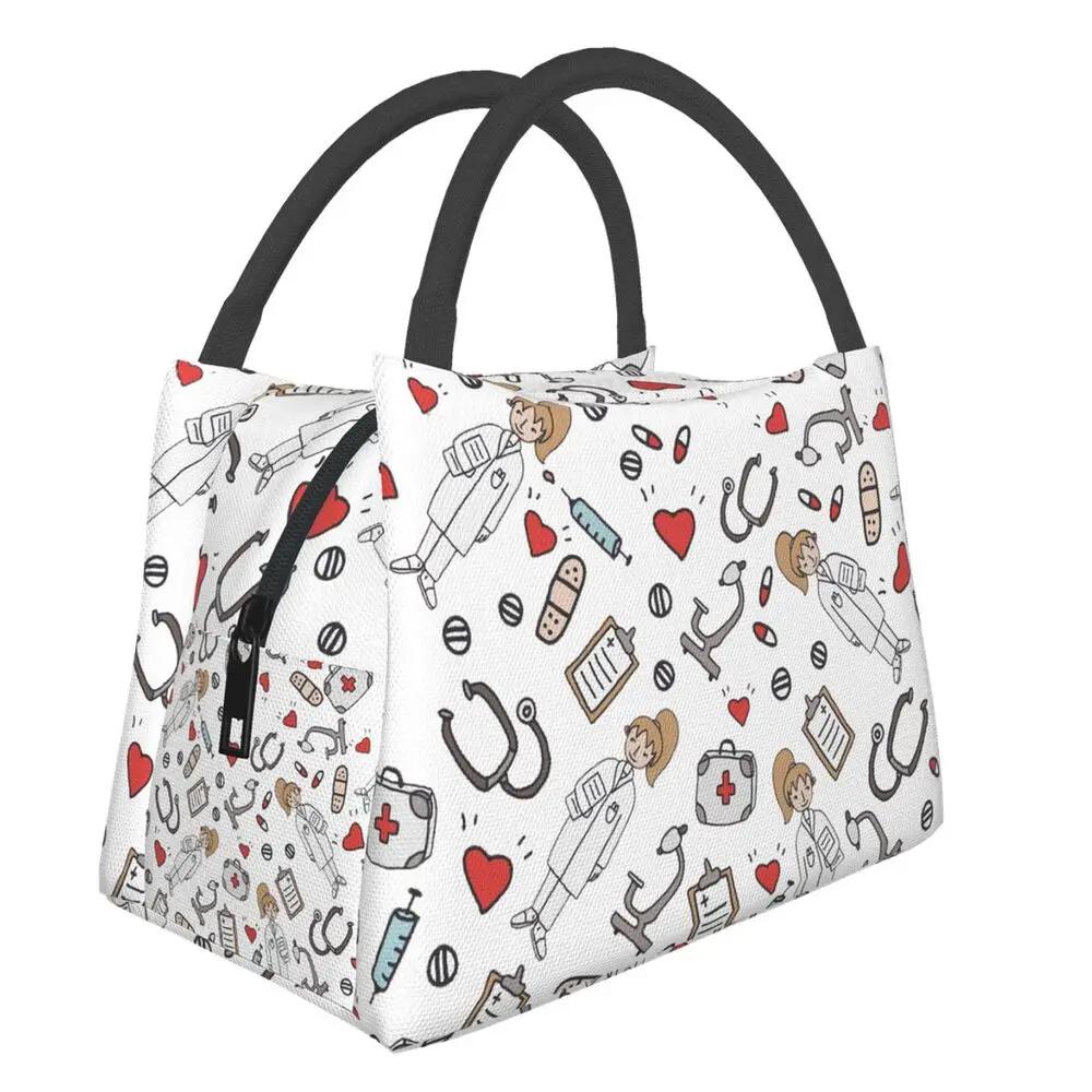 Doctors Nurse Print Cooler Bag Waterproof Oxford Cloth Portable Thermal Insulated Lunch Bags for Women Convenient Food Bags