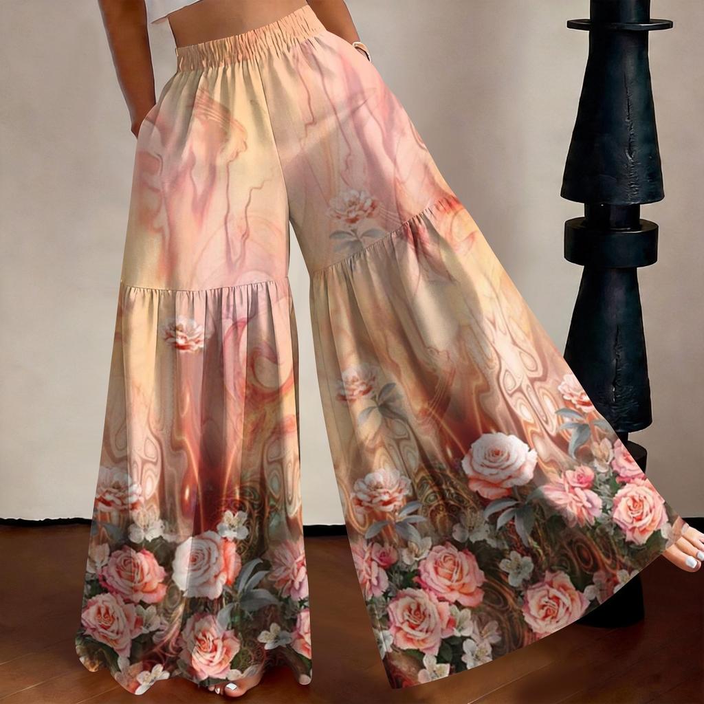 Women High Waist Loose Fit Lightweight Wide Leg Pants Vintage Floral Print Flowing Long Trousers Casual Relaxed Style