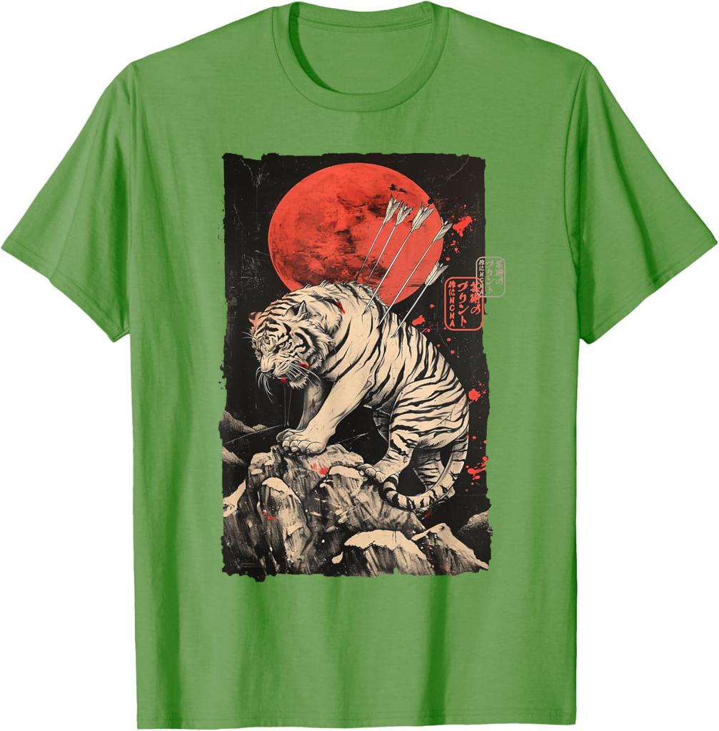 Wounded Tiger with Arrows Japanese Art Graphic Tee Mens Casual Round Neck TShirt Breathable Print