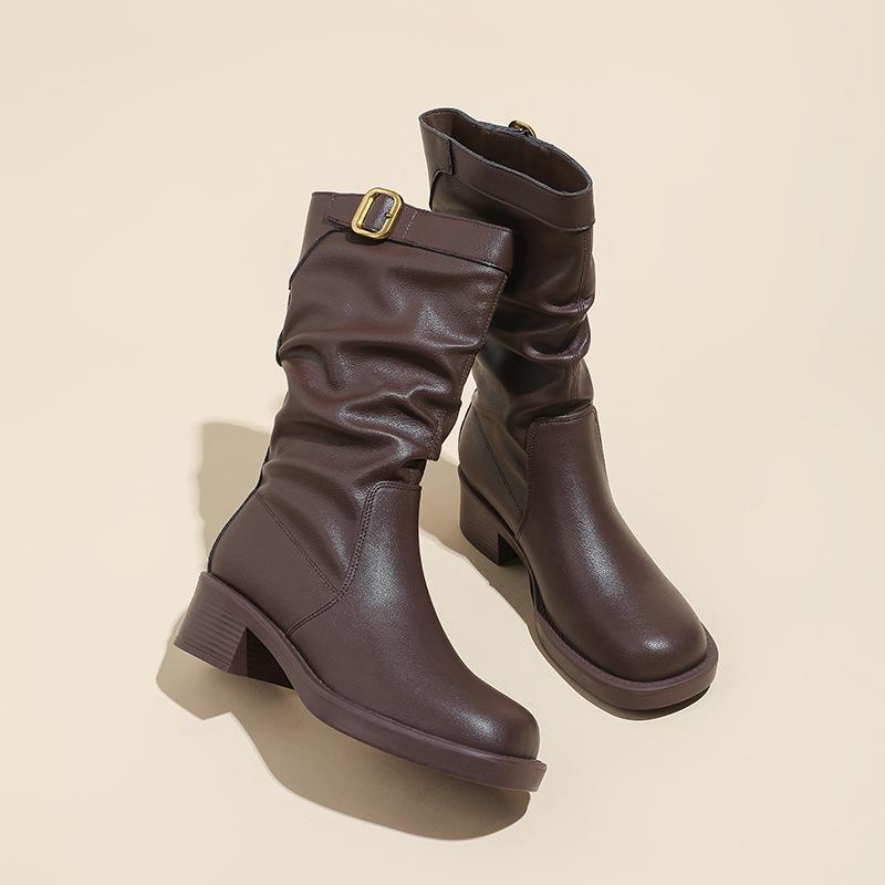 Western Style Retro Pleated Short Boots Women's Autumn and Winter 2025 Popular Fashion Big Brands with Thick Heels Medium Boots