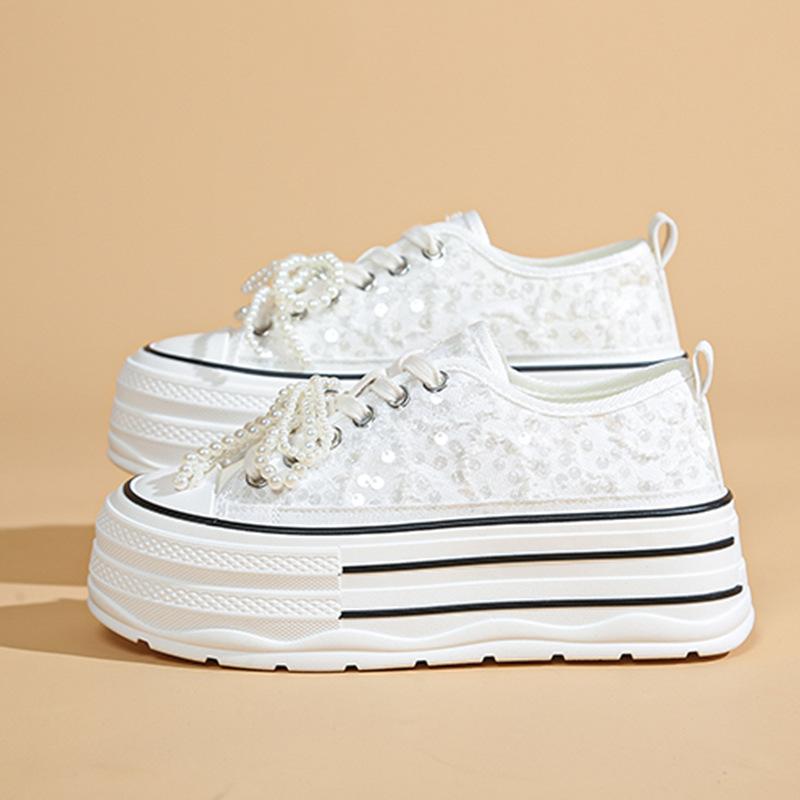 

2025 spring new sequined pearl bow platform muffin biscuit shoes casual shoes board shoes white shoes women s shoes 35 белый