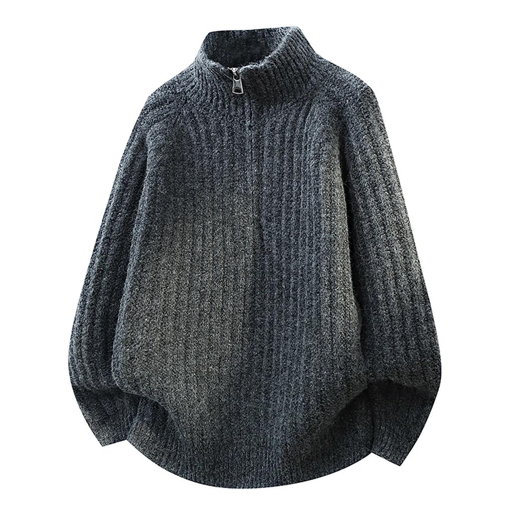 Autumn Winter Half Zipper Knitted Sweater Men Warm Stand Neck Pullovers Casual Knitwear