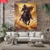 Cowboy Tapestry Western Art Wall Hanging Horse Rider Desert Scene Movie Poster Decor Ranch Style Home Decoration Adventure Theme