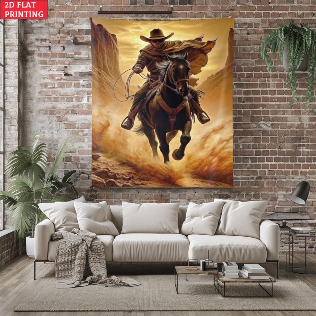 Cowboy Tapestry Western Art Wall Hanging Horse Rider Desert Scene Movie Poster Decor Ranch Style Home Decoration Adventure Theme